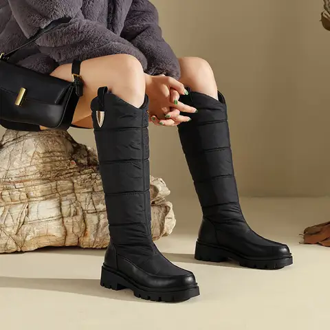 SGESVIER Big Size 44 Women Warm Fur Knee High Snow Boots Round Toe White Black Down Party Lady Platform Winter Warm Plush Boots