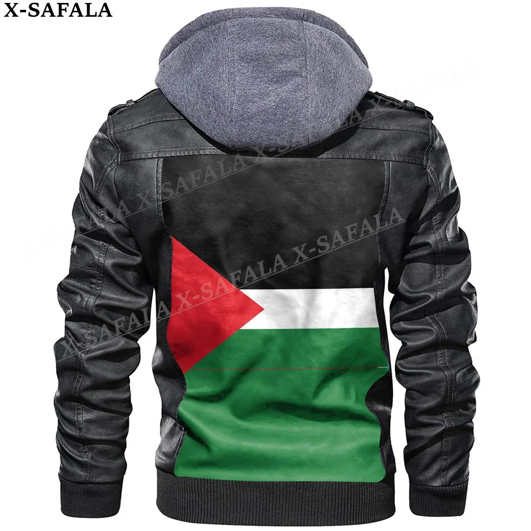 Palestine Country Flag Leather Jacket Men Winter Fleece Motorcycle Faux Leather Jacket Removable Fur Collar Windbreaker Coat-1