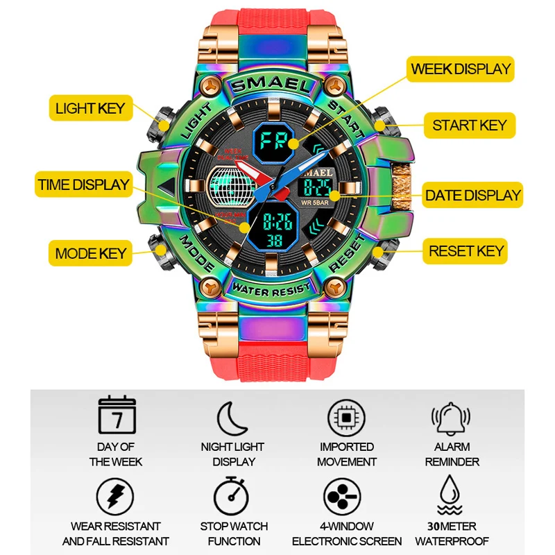 Colorful Quartz Watch for Men SMAEL Analog Digitals Sports Wristwatch Waterproof Multi Function Digital Military Watches Male