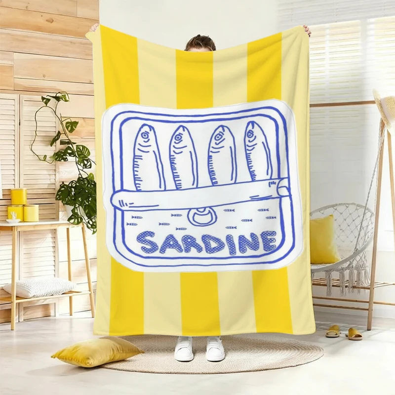 Yellow Striped Sardine Can Fleece Blanket For Nautical Themed Decor Lightweight Plush Throw Blanket Accent
