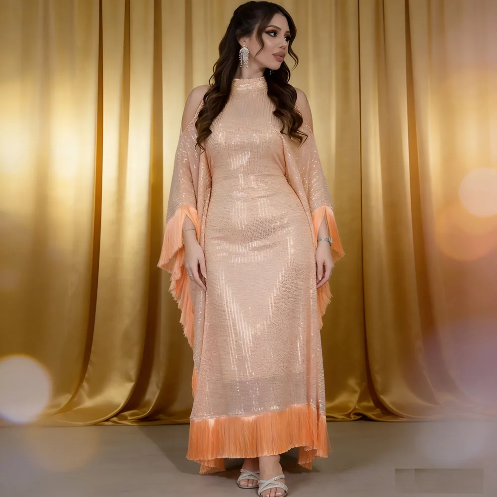 

Абайи с пайетками и кисточками «Ид Мубарак» для элегантных женщин, мусульманское длинное платье, турецкая кебая, рамадан-джалабия, дубайский кафтан, исламская одежда