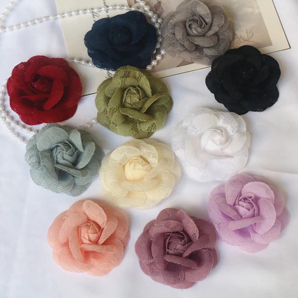 5PCS 5,5 CM Handgemachte Spitze Stoff Kamelie Rose Blume Kopfbedeckung Hut Kleid Kleidung Dekoration Haar Zubehör Brosche DIY material – Detail 3