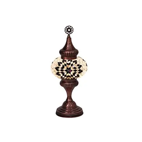 LaModaHome English Moroccan Handmade Mosaic Glass Table Lamp Light with Decorative Polished Copper Fixture for Bedroom, Livingro