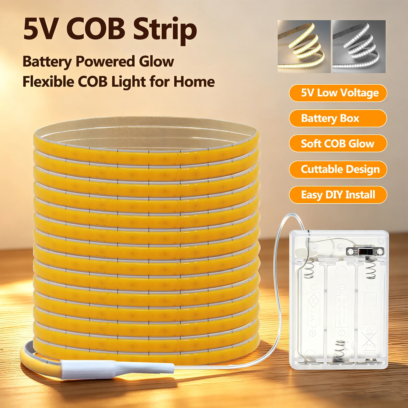 5V COB Led Strip 5MM 320LEDs/M Flexible LED Tape 3AA Battery Box Cabinet Light Warm Natural Cool White TV Backlight