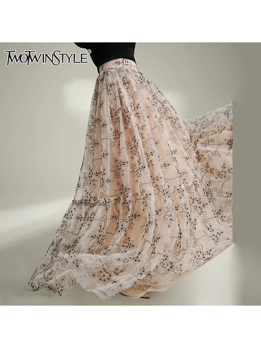 TWOTWINSTYLE Hit Color Floral Printted Temperament Skirt For Women High Waist Elastic Waist Fashion A Line Skirt Female Autumn