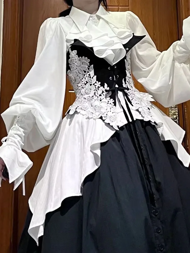 Jk Shirts Women Japanese Vintage Lolita Irregular Blouse Lace Bandage Flare Sleeve Ruffles Y2k Aesthetic Kawaii Tops 2
