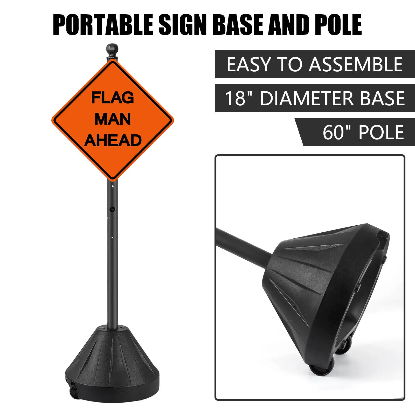 Outdoor Portable Sign Pole with Wheels, Reinforced Plastic Base, 5 ft, 1.5 ft