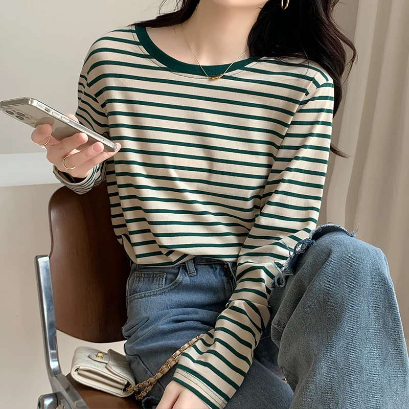 

Women's Pullover Solid Spring Autumn Round Neck Striped Long Sleeve T-shirt Fashion Casual Office Lady Vintage Undershirt Tops