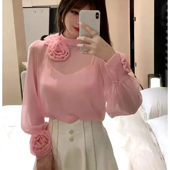 KUSAHIKI Fashion 3D Flower Tops Women Chic Korean Elegant Bottoming Shirts for Women 2023 Autumn Long Sleeve Blusas Feminina