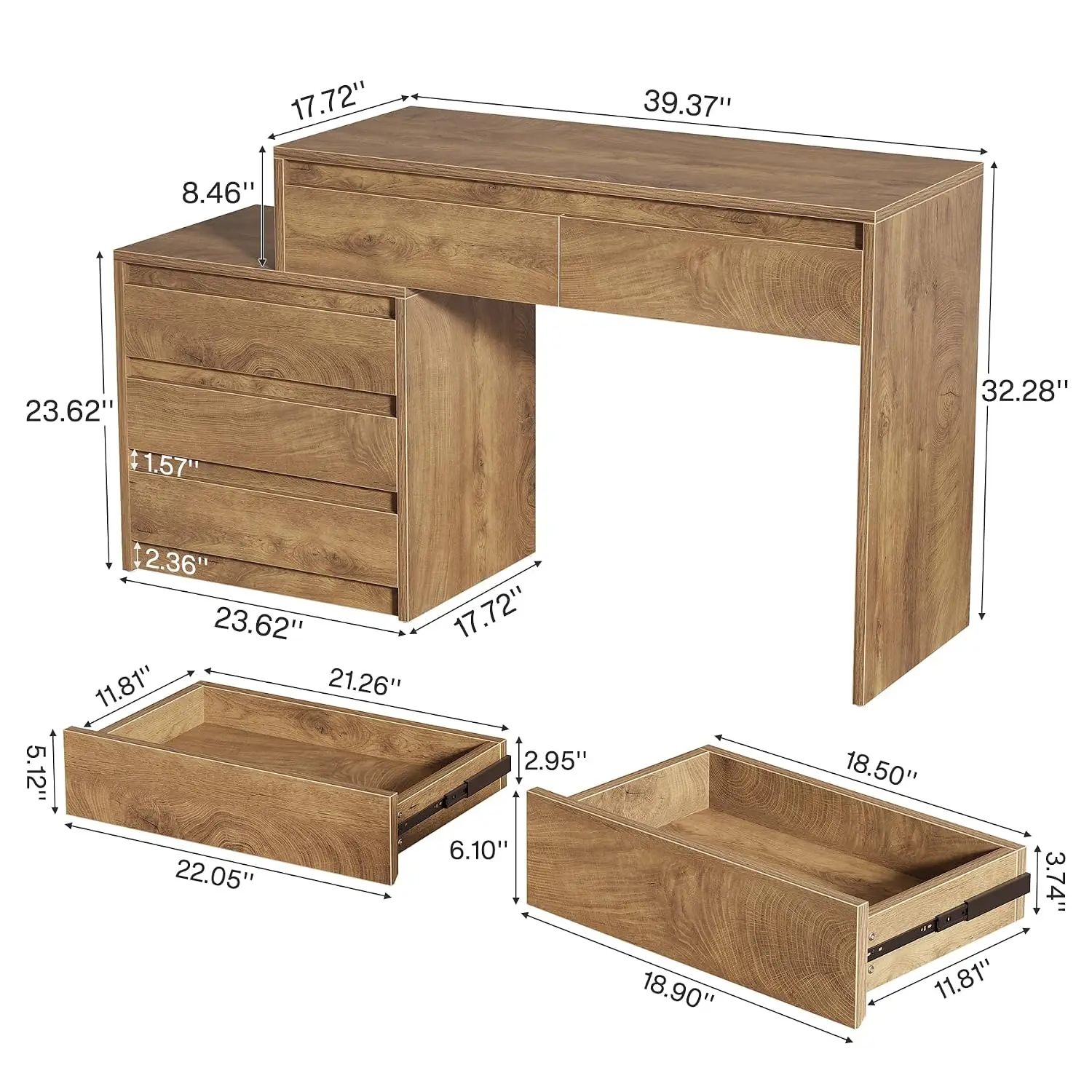 Industrial Wood Computer Desk With 5 Drawers & File Cabinet, Printer Stand Storage For Home Office, 47/55/63 Inch, Customized