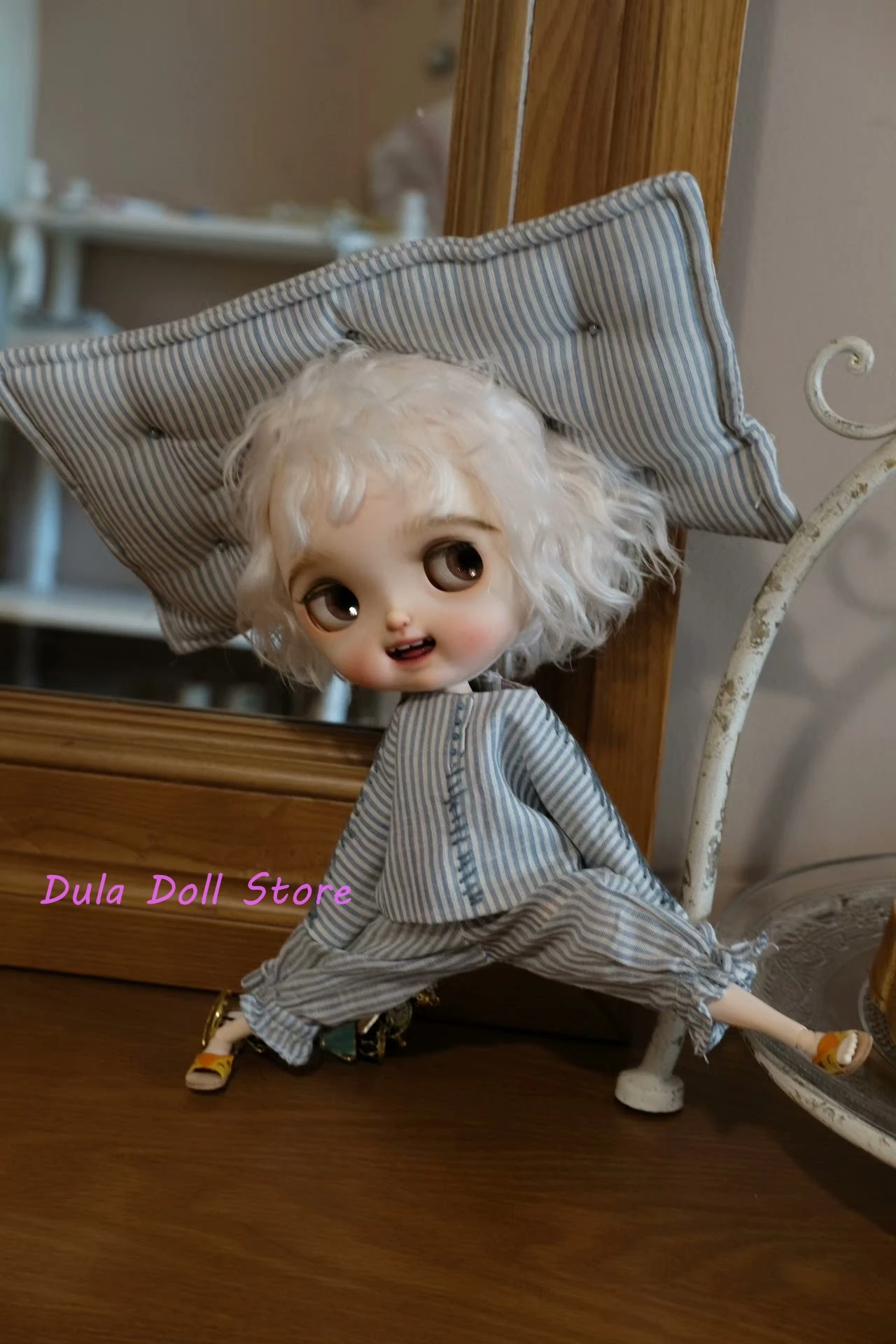 

Dula Doll Clothes Dress Pillowcase Tea Stained Stripe Set Blythe Qbaby ob24 ob22 Licca ICY JerryB 1/6 Doll