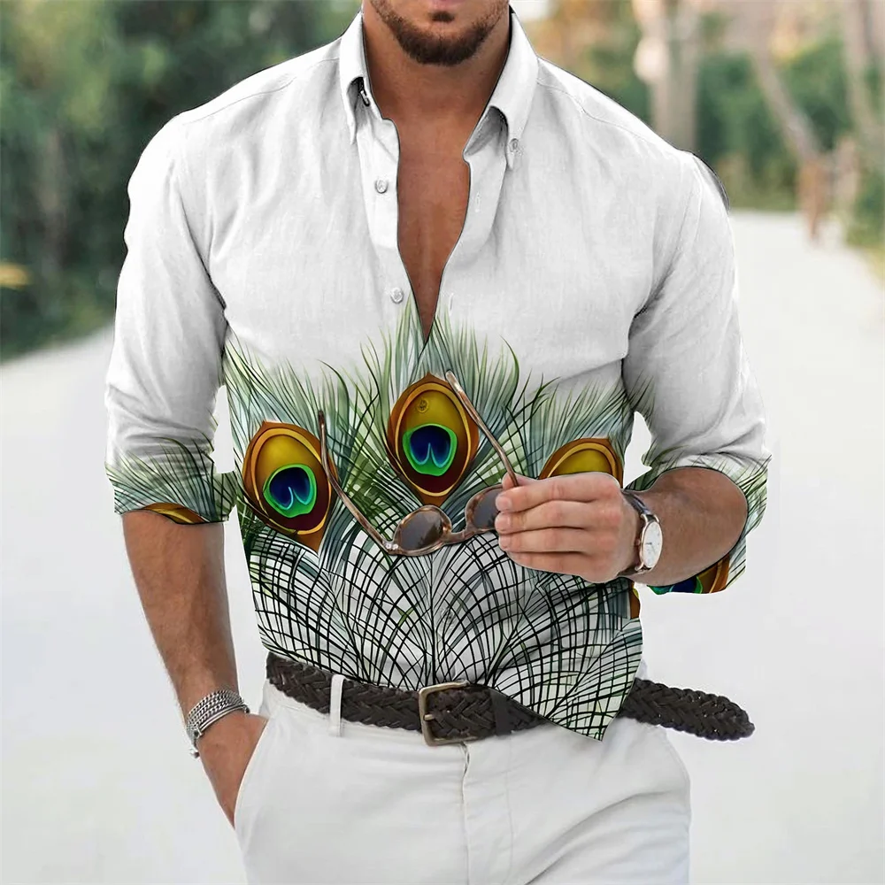

Men's Spring Long Sleeve Lapel Shirt Peacock Feather Print Button up Outdoor Leisure Comfortable Breathable High-Quality Shirt