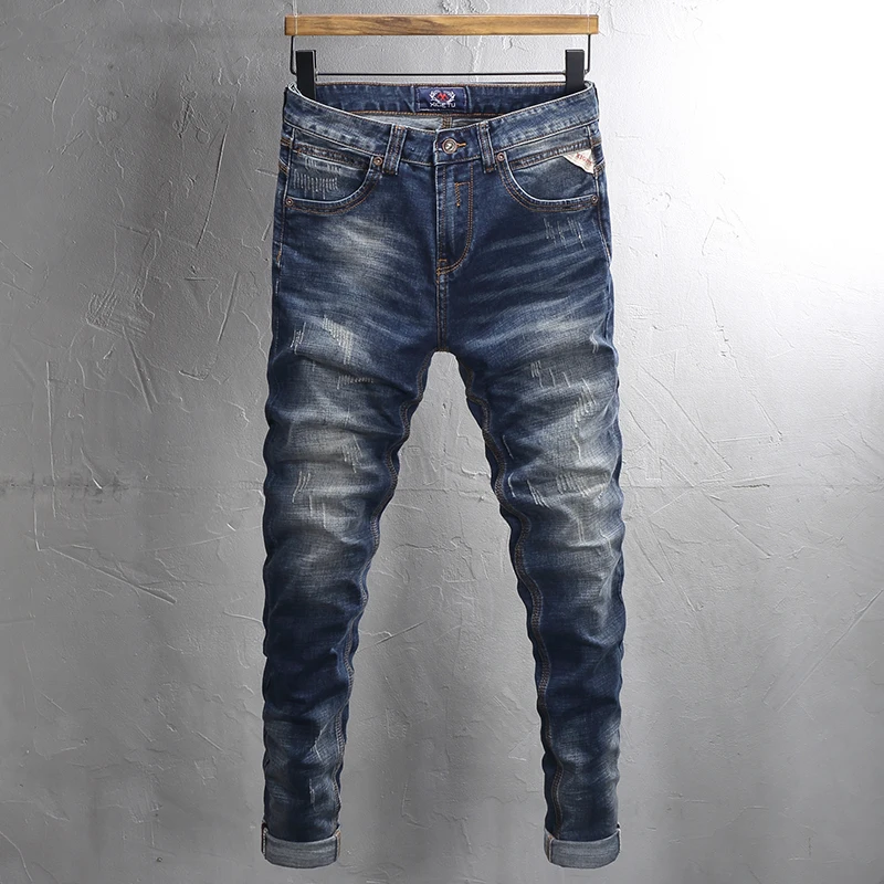 

Fashion Designer Men Jeans Retro Washed Blue Stretch Slim Fit Ripped Jeans Men Trendy Trousers Vintage Denim Pants Hombre