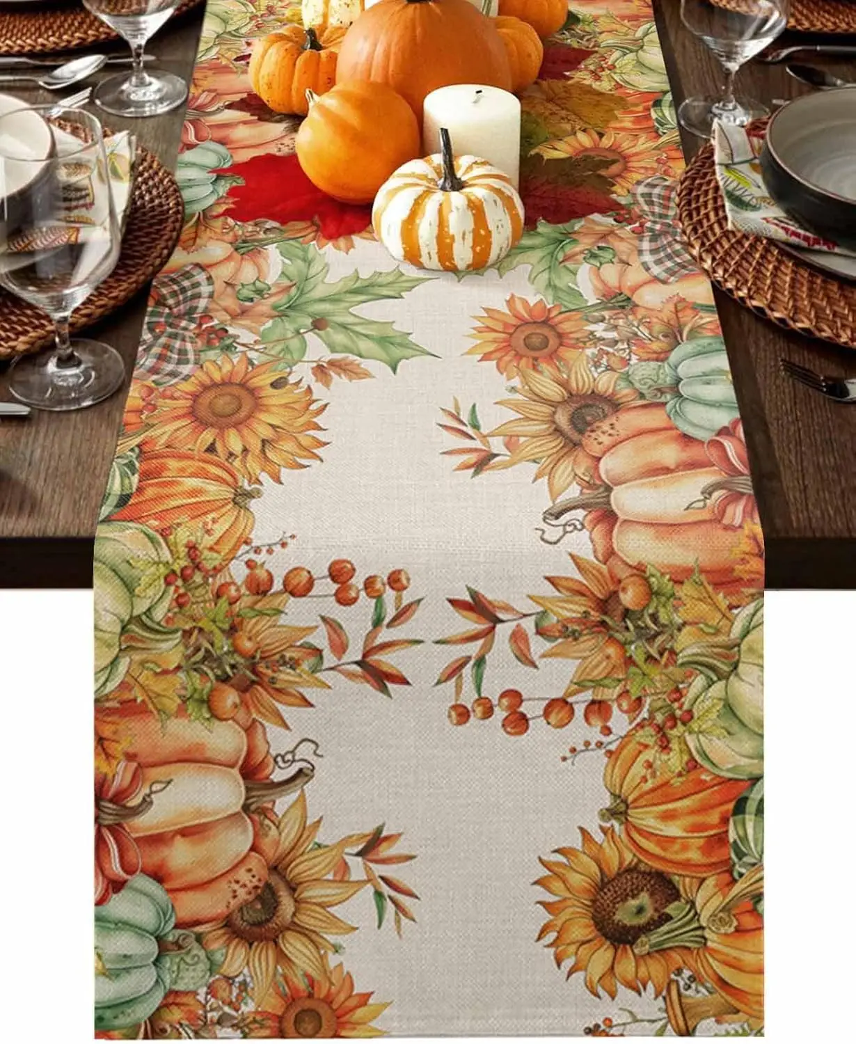 Thanksgiving Fall Pumpkins Table Runner Farmhouse Dress Scarves Orange Green Washable Kitchen Dining Table Runners Party Supply