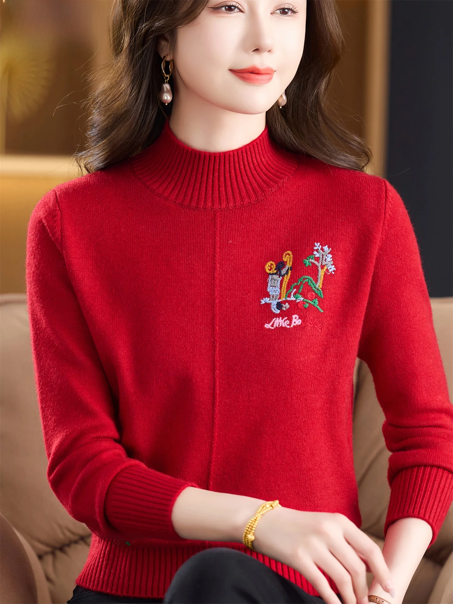 

Warmth Faionable Embroidered f-High Ne Woolen Base irt for Women Autumn Winter New Sle Red Mommy Clothes Middle-Ag...