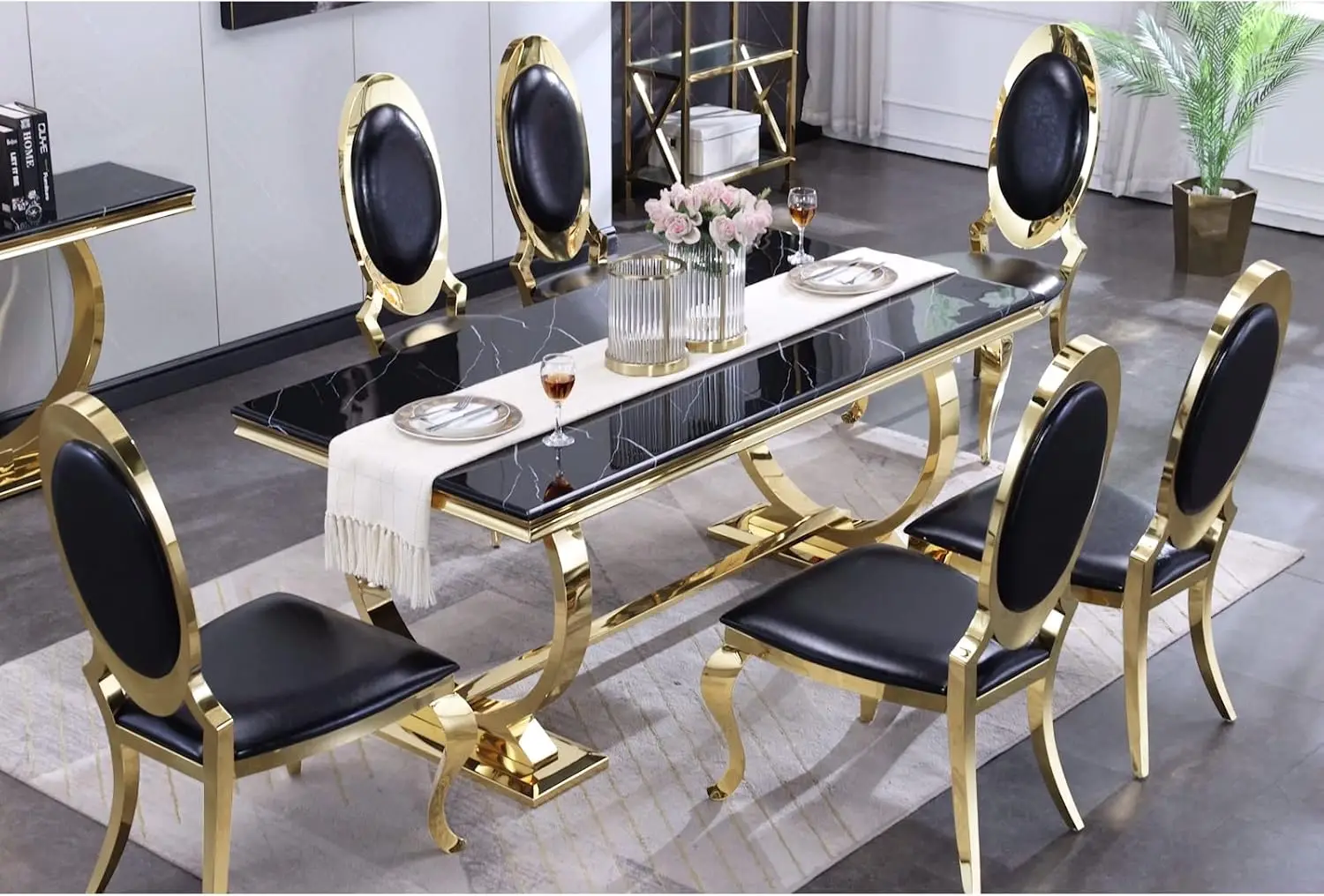 

7 Pieces Table Set, Luxurious Gold Table Set for 6, 72-inch Table Set with6 Black and Gold Chairs