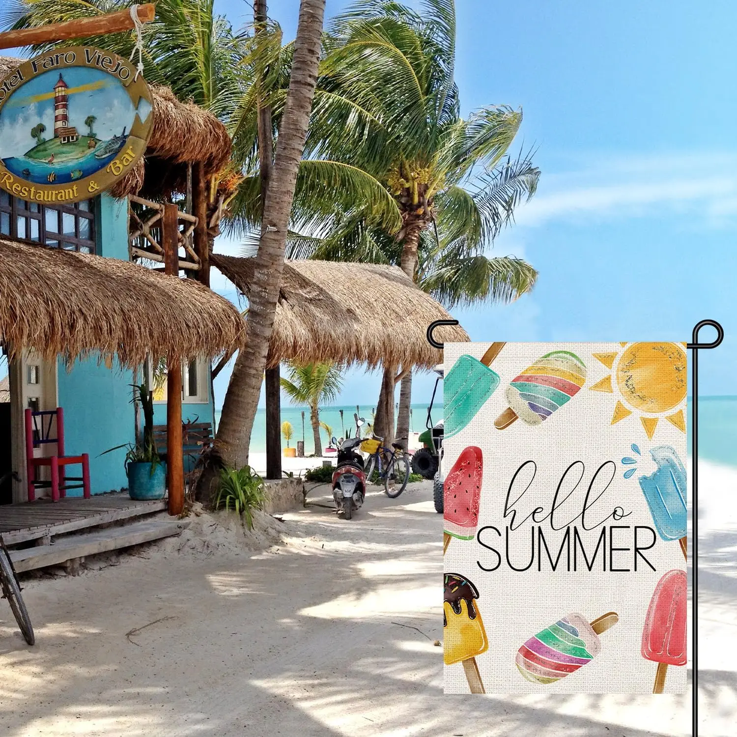 Hello Summer Ice Cream Garden Flag 12x18 Inch Double Sided Burlap, Colorful Popsicle Sun Small Sign Holiday Farmhouse Yard O PPZ