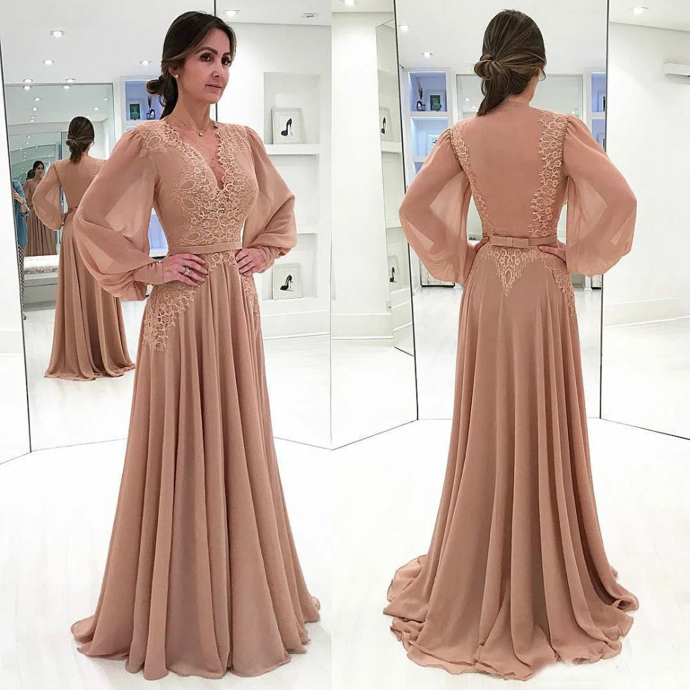 vestidos de noche Mother of the Bride Dresses Sheer Long Sleeve Khaki Formal Wedding Party Backless Lace robe de soirée femme