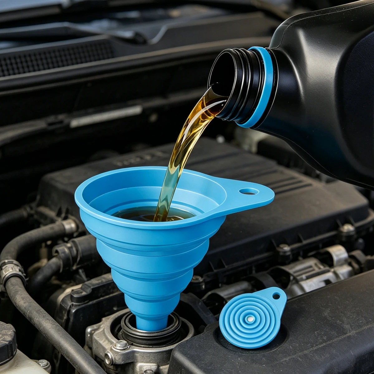 Składany lejek, akcesoria, auto, motocykl, olej, narzędzia samochodowe, narzędzia mechaniczne, VW, ciężarówka, wyposażenie warsztatu, części, specjalne. — zdjęcie 7