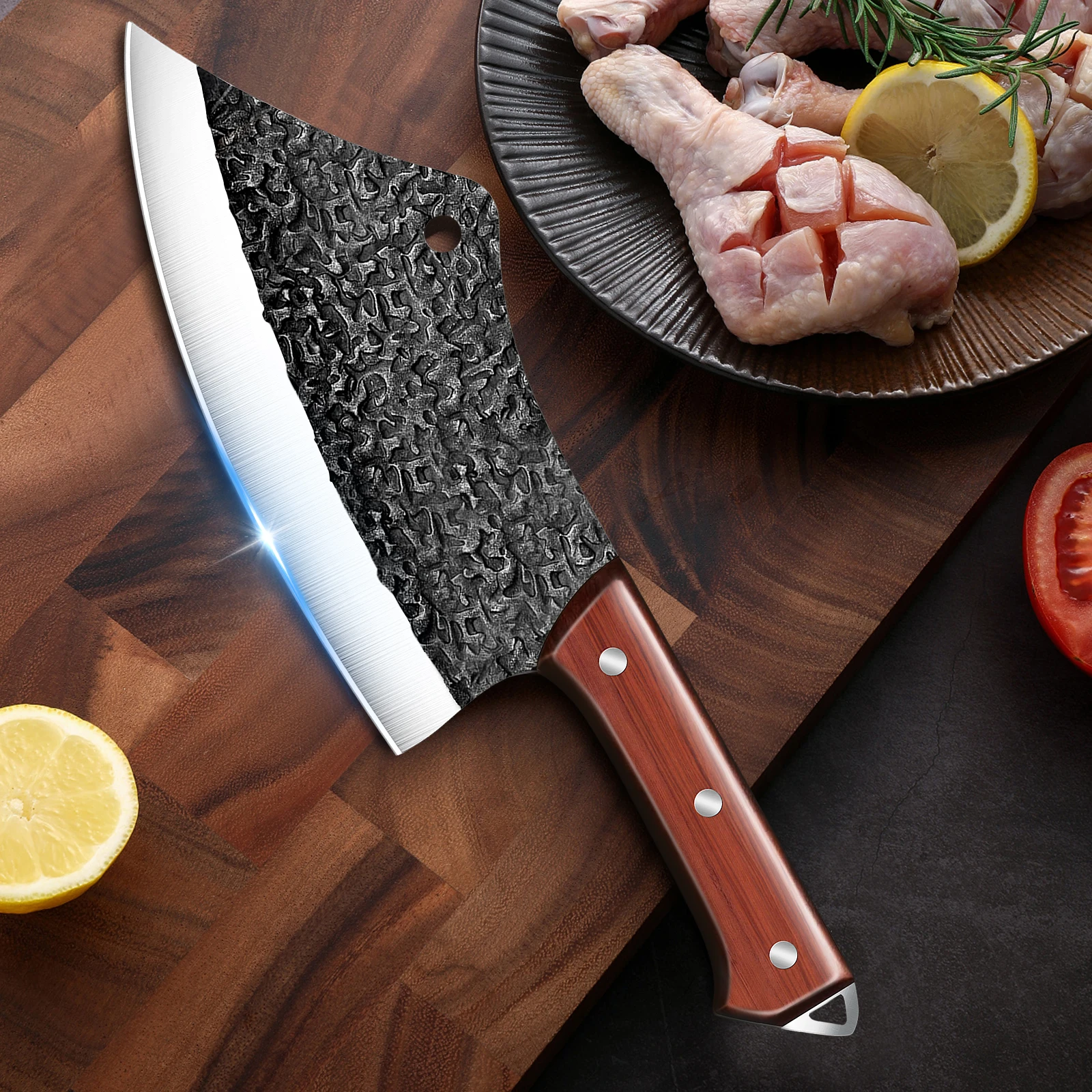 سكاكين الشيف المطروقة من MDHAND سكين المطبخ عالي الكربون من الفولاذ لتقطيع اللحوم والخضروات وتقطيع الساطور للمطبخ مع هدية #5