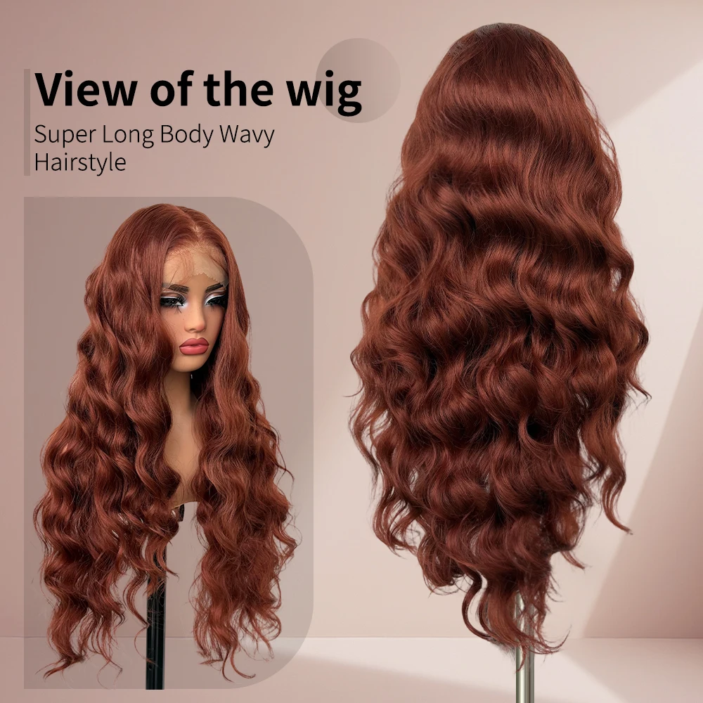 X-TRESS 32 Inch Long Reddish Brown Body Wave Synthetic Lace Front Wig 13x6 Natural Hairline Pre-Plucked with Baby Hair Daily