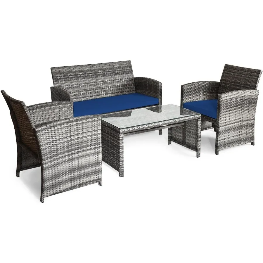 4 قطعة مجموعة محادثة الفناء الروطان Loveseat كراسي الفناء مع مقعد خففت الخوص طاولة القهوة مجموعة اثاث خارجي #1