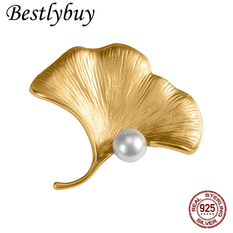 

925 Silver Fashionable Creative Gold Ginkgo Leaf Brooch Needle Women's Light Luxury High-end Jewelry Gift