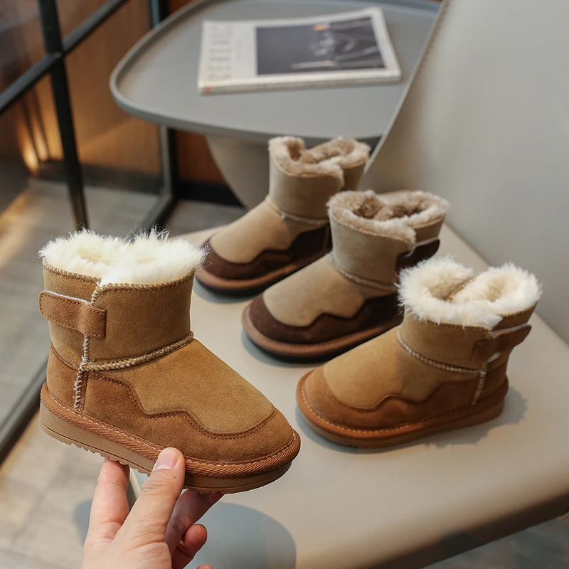 

2025 Fleece-lined and thickened snow boots for girls New winter children's soft sole boots for boys casual cotton boots