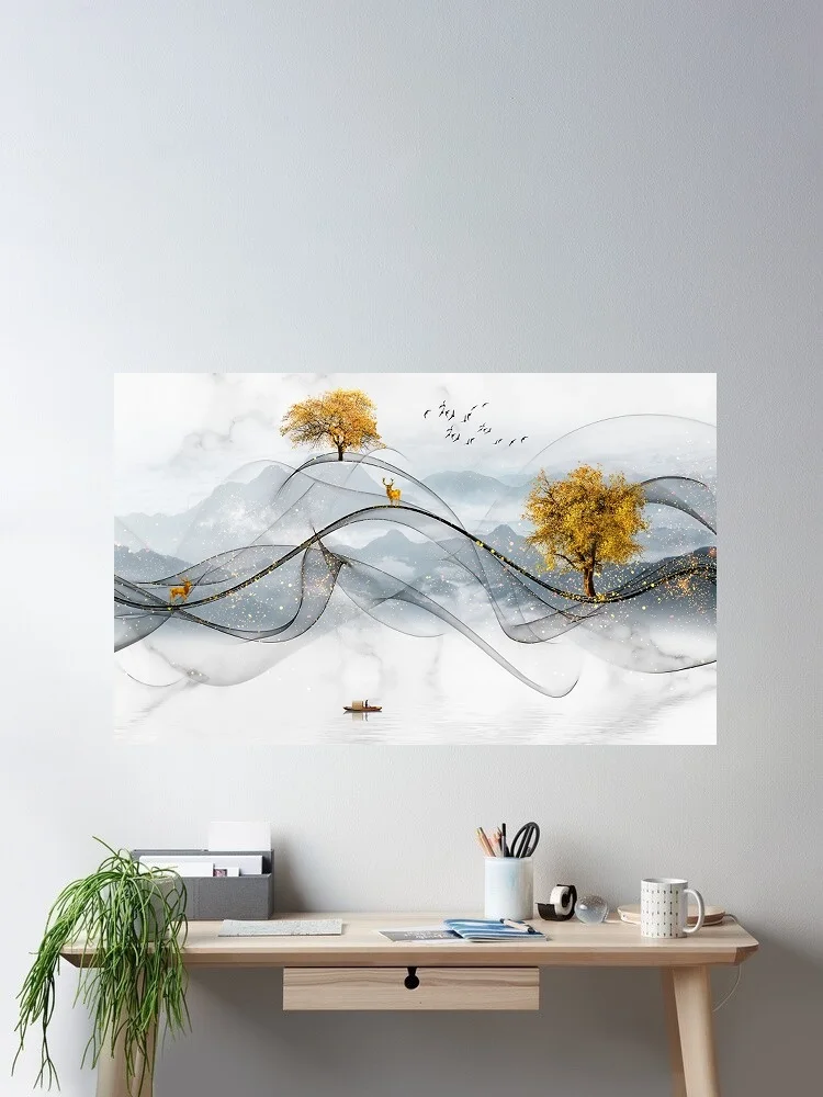 

Neo-Chinese style, ink lines, landscape painting, Print Art Canvas Poster, For Living Room Decor, Home Wall Picture