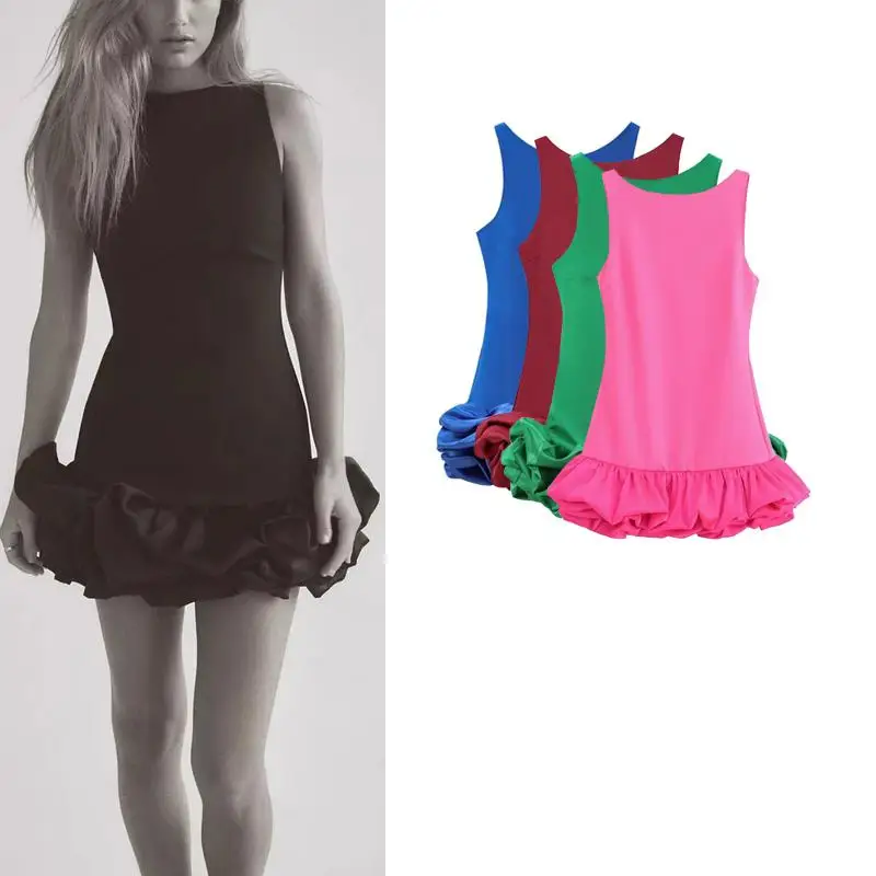 Vestido curto f de primavera, gola redonda, saia em camadas, estilo urbano, cintura alta, fibra de poliéster, saia evasê.