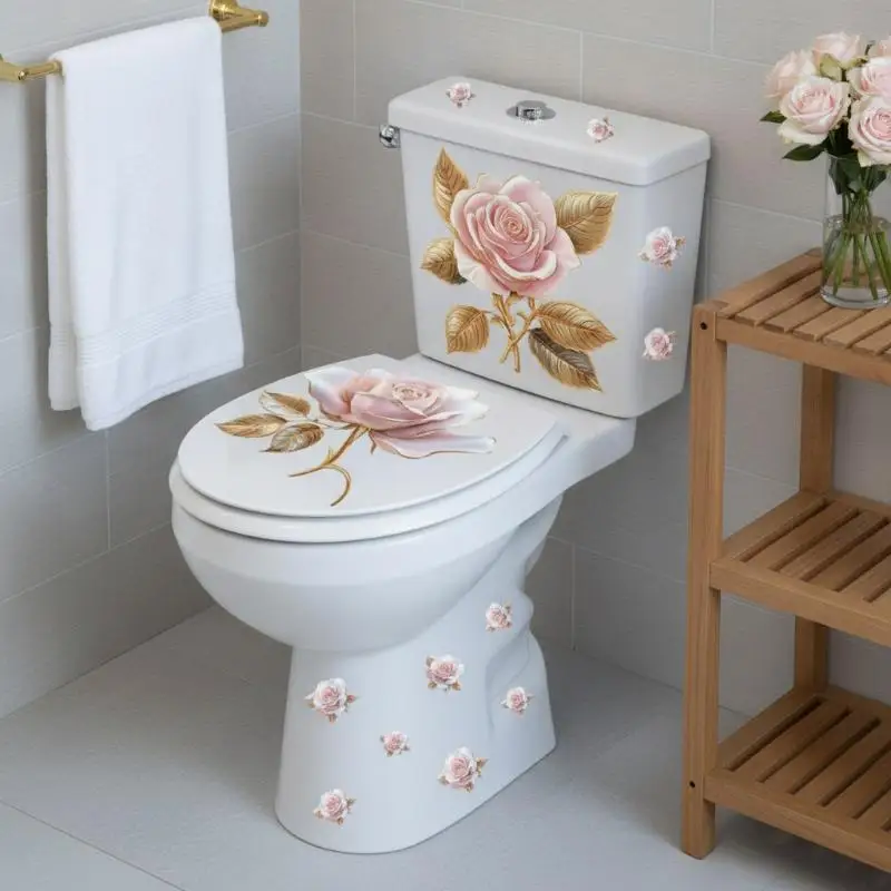 Luxury Pink Rose Floral Toilet Sticker, Waterproof Self-Adhesive Bathroom Decor Sticker Wall Stickers Wall Sticker Wall Decor