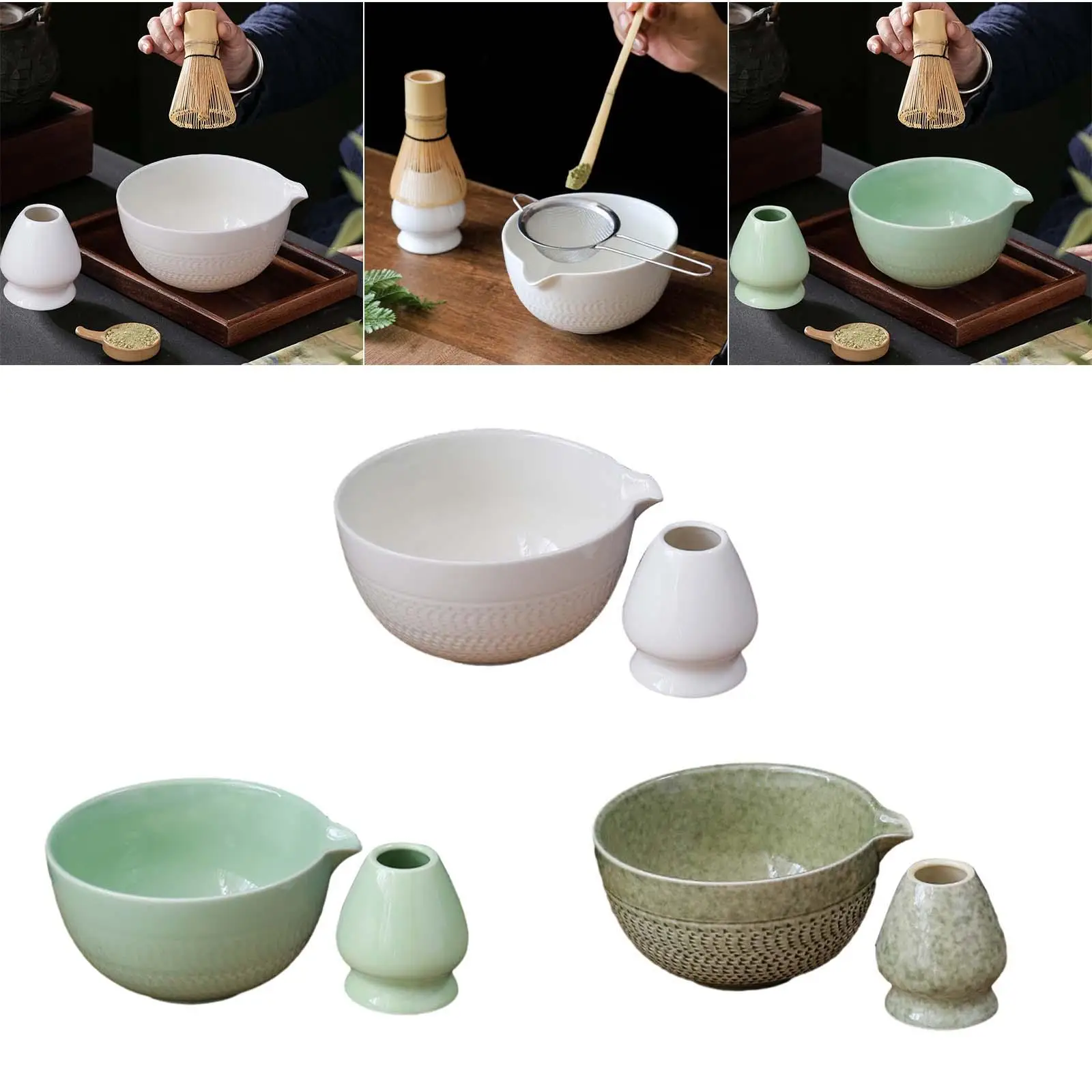 2 Pieces Traditional Japanese Matcha Bowl and Whisk Holder Tea Bowl with Pouring Spout for Office Table Tea Ceremony Party Gift