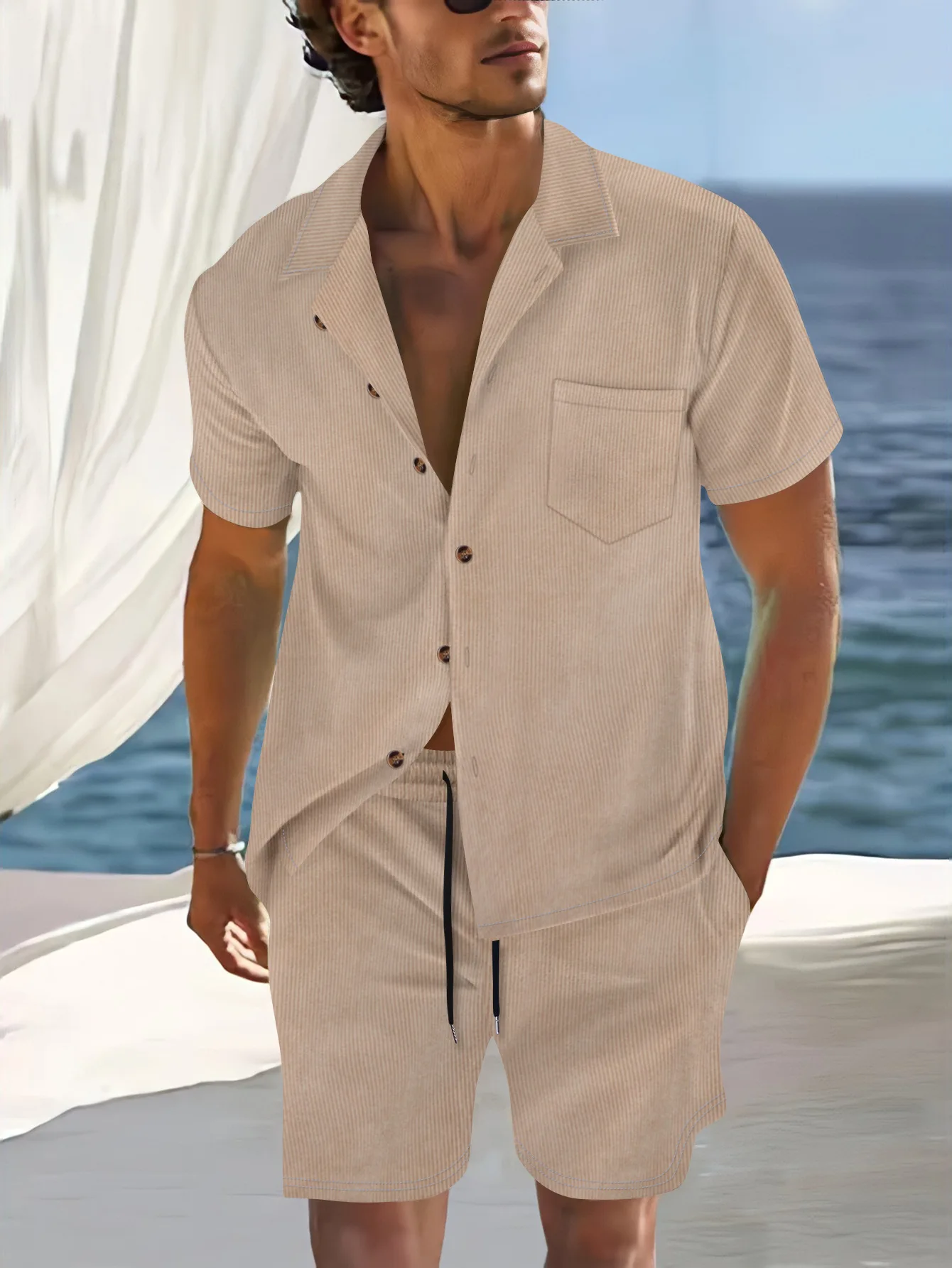 Summer Hot Selling Casual Sports Suits New Style Men's Solid Short Sleeve Cuban Collar Shirt and Shorts Two Piece Sets for Men