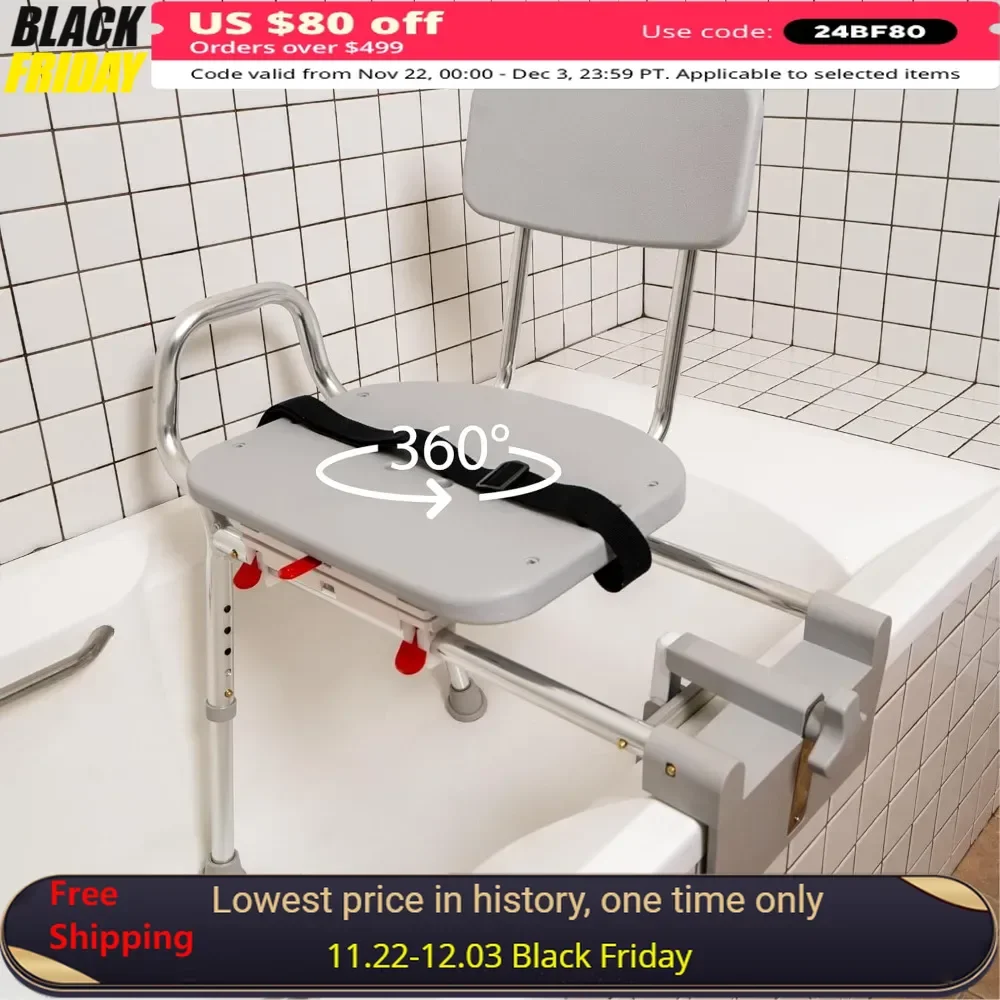 Shower Chair, Tub Mounted Swivel Transfer Stool, 350 Lb. Load Capacity, for Safe Showering, for Seniors, Sliding Shower Chair