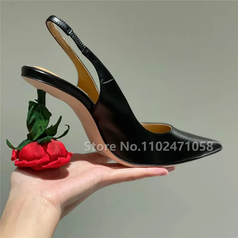 

Red Rose Heels Women Slingback Shallow Pumps Wedding Bride Pointed Toe Hight Heels Sandals Fashion Catwalk Lady Party Shoes