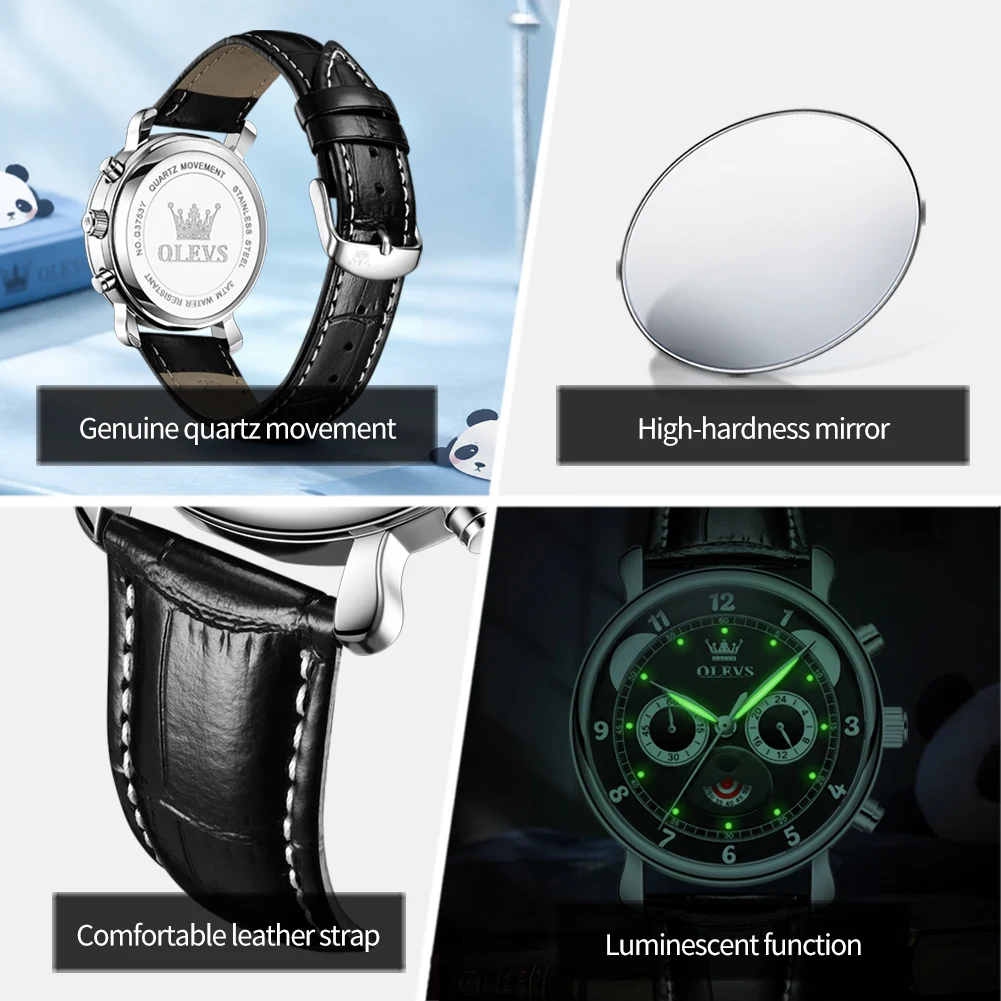 OLEVS 3753 Men Quartz Chronograph Watch Panda Dial Genuine Leather Strap Waterproof Male Sports Wristwatch Reloj Hombre Montre