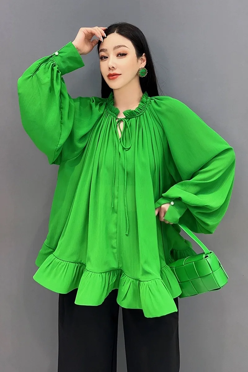 

Ruffles Flounce Hem Women Fall Shirts Long Lantern Sleeve Chiffin Loose Tops Korean Fashion Blouse Social Dinner Party Loose Top