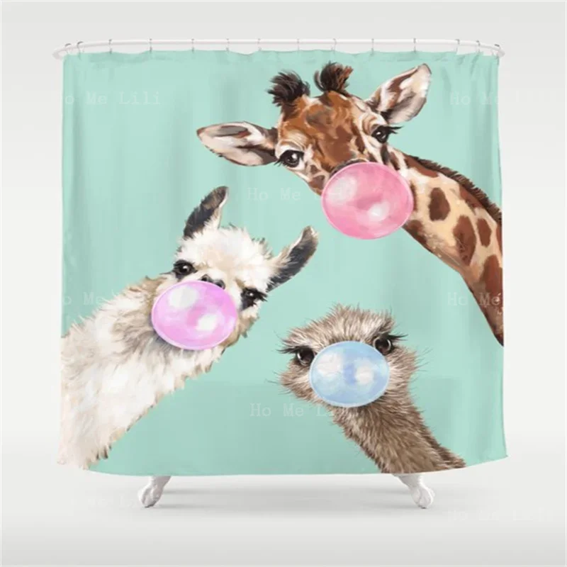 Funny Animals Series Shower Curtain Bubble Gum Gang In Green Mid Century Kitty Mischief Peacock Jewels Rabbit Bathroom Decor