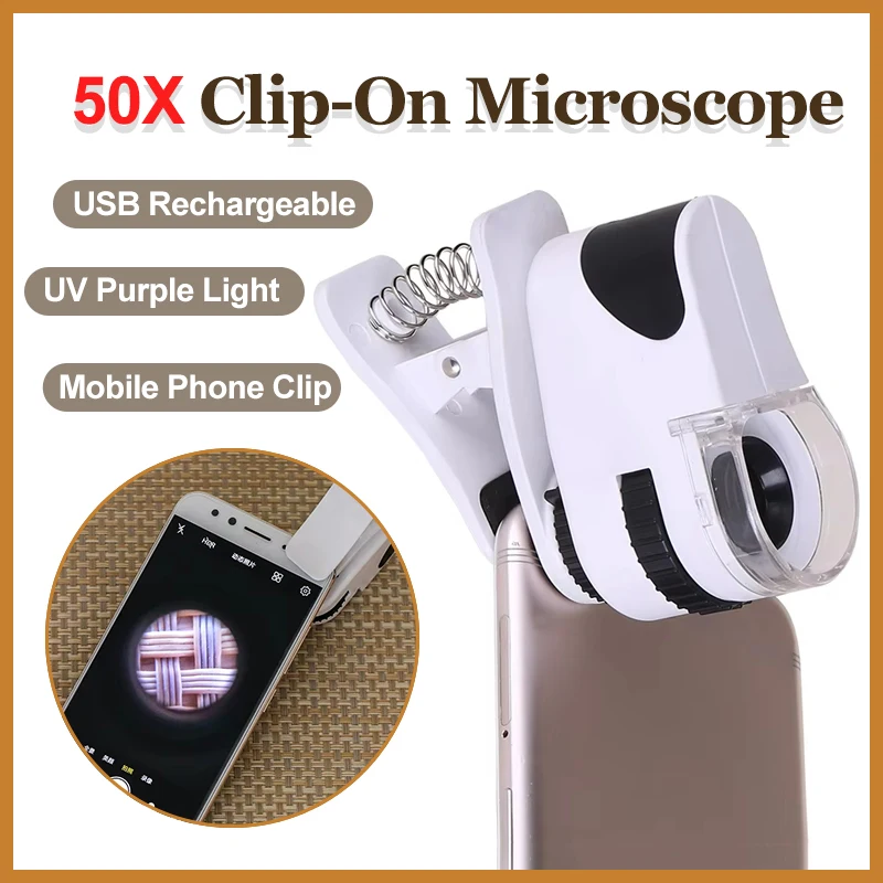 50X Clip-On Microscope Mini Adjustable Pocket Microscope USB Rechargeable Magnifying Glass with Mobile Phone Clip UV Light