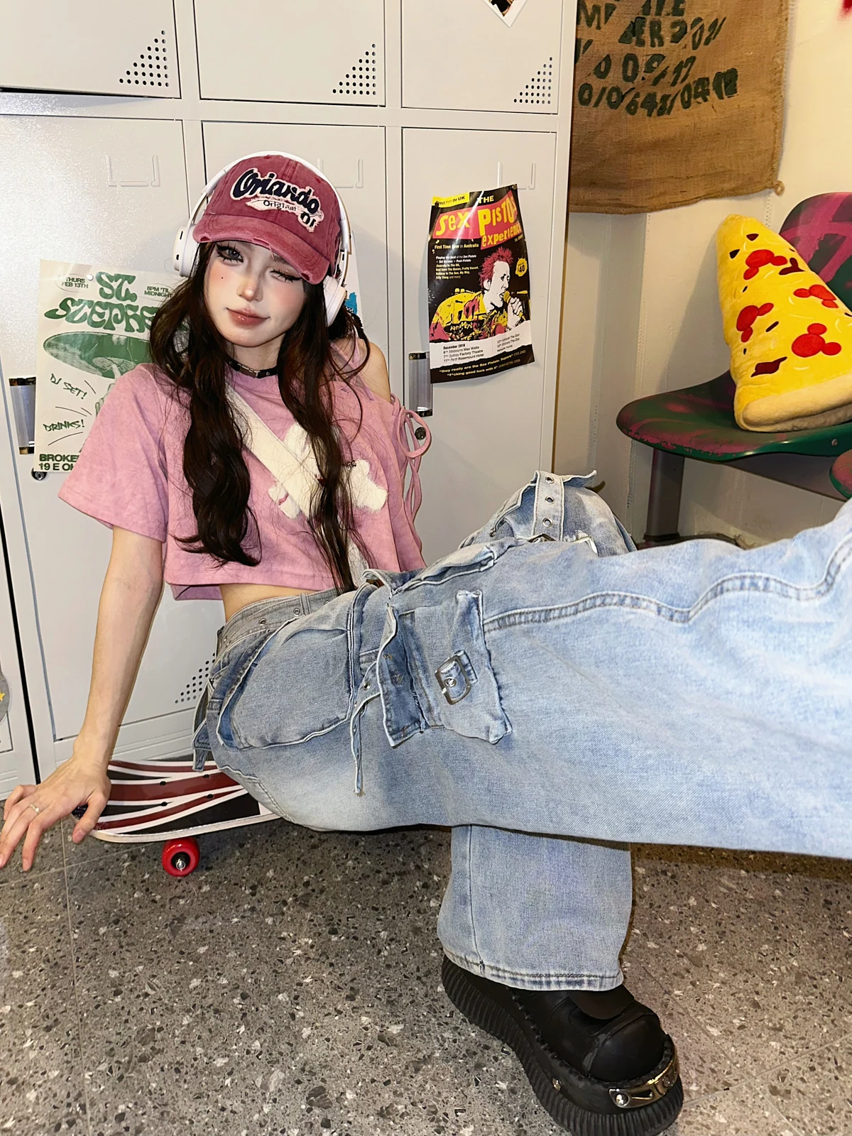 High Quality Hot Selling Wholesale Pink Drawstring Off Shoulder Design Short Sleeved T-shirt New Short Top Women Kawaii Grunge - Image 3