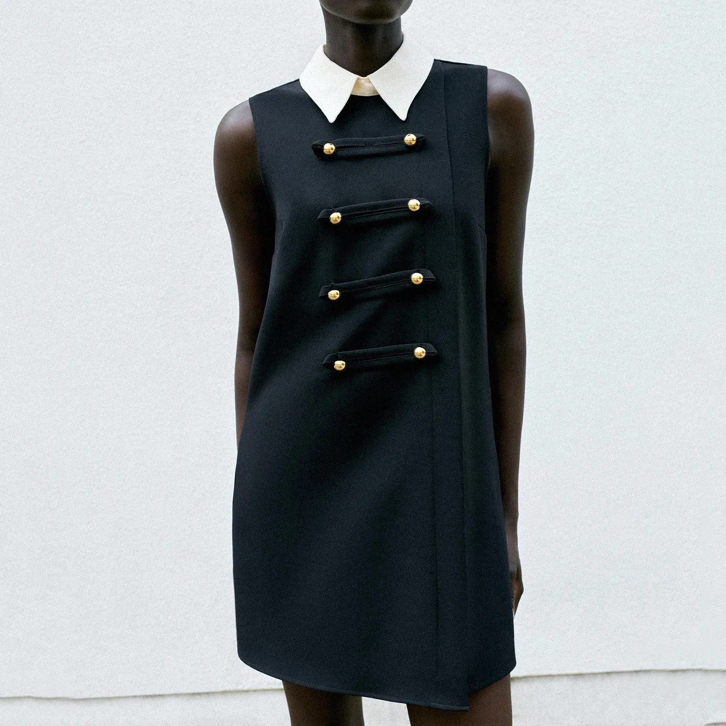Fashionable Short Sleeveless Women's Dress 2026 Autumn Collection Turn-down Collar Knot Button Design ZADATA Ladies' Dress