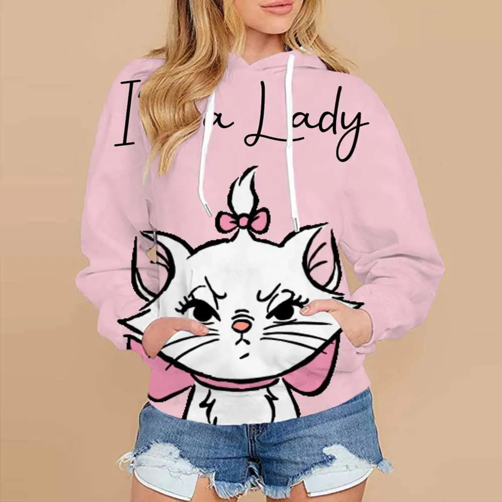 Hoodie Women's Round Neck Y2k Disney Mary Cat Fashion Printed Hoodie Girls' Long Sleeve Hoodie Flower Trendy Sweatshirt