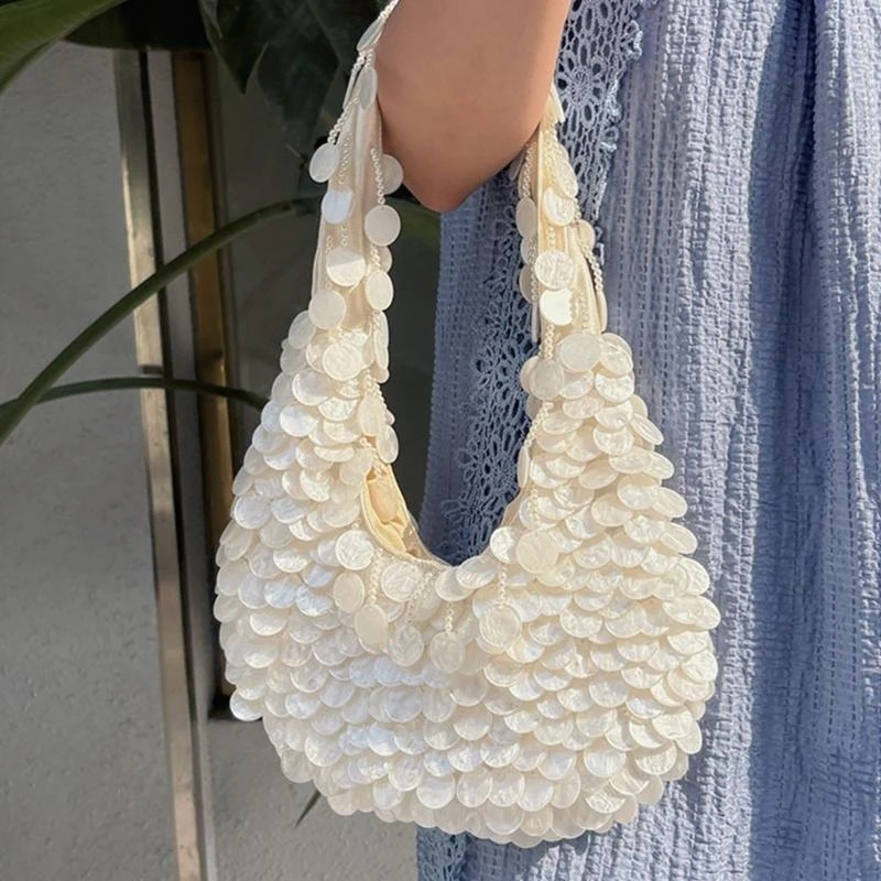 

652F Elegant Shell Embellished PVC Shoulder Bag Lightweight Underarm Bags Spacious Dinner Purse for Women and Girls