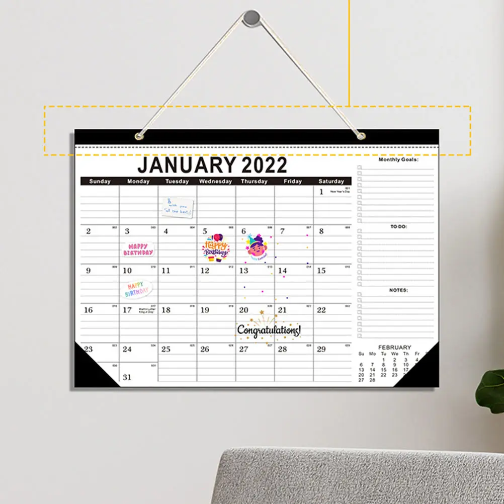 

English Wall Calendar 2022 Schedule Black 120g Writing Paper Creative Hanging Decor Simple Design School Office Supplies