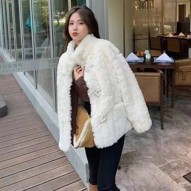 New Women Winter Fashion Faux Rex Rabbit Fur Jackets Female Short Stand Collar Coats Ladies Loose Imitation Fur Overcoats A495