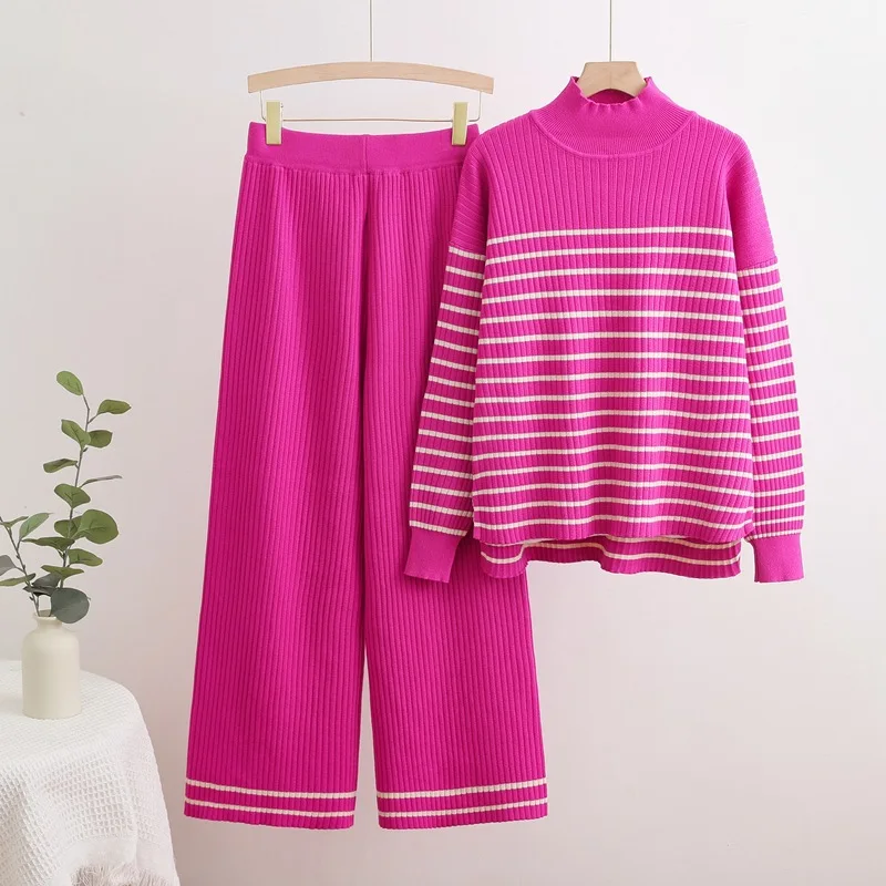 Moda coreana listrada semi gola alta suéter calças de perna larga conjunto de duas peças de malha primavera e outono terno solto