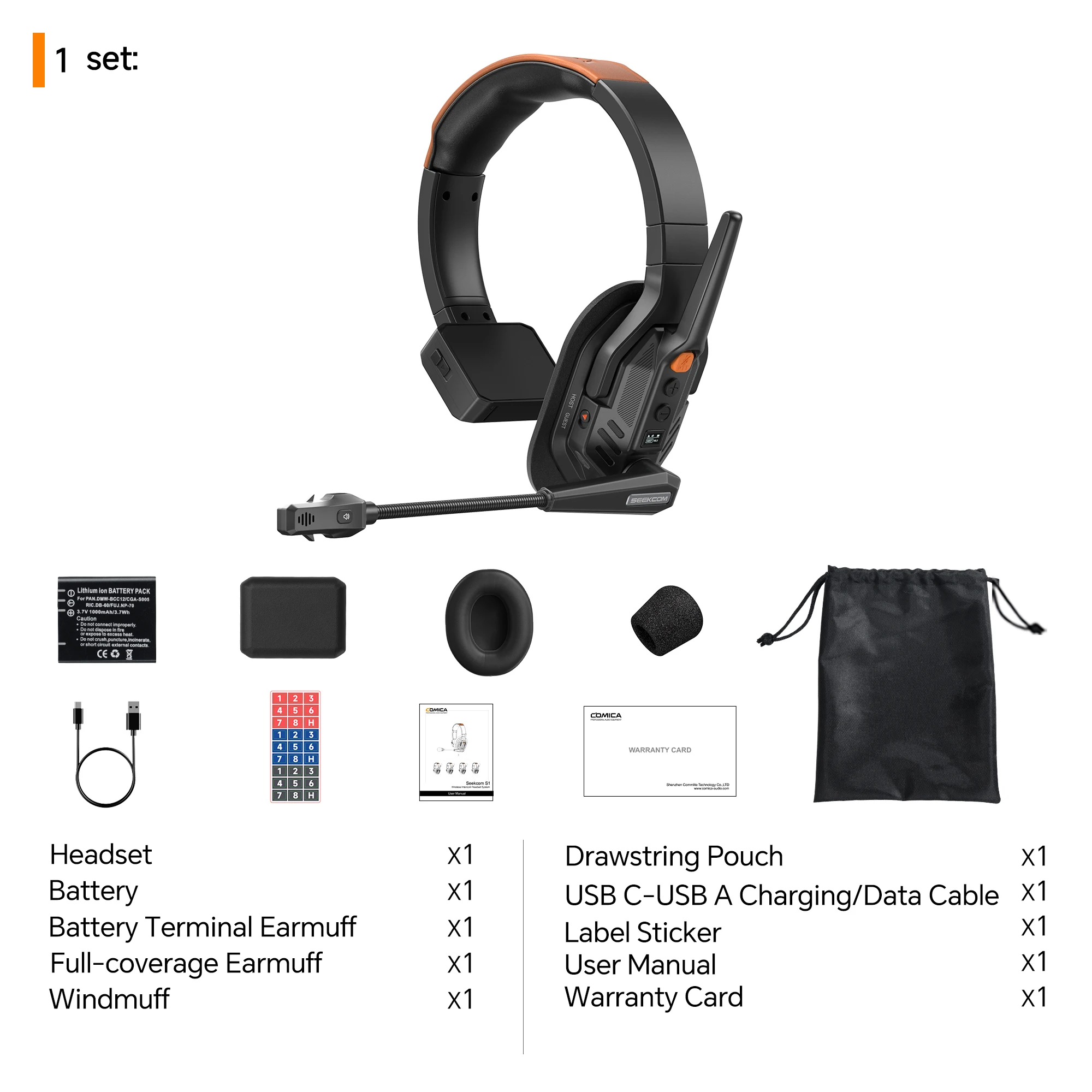 COMICA Seekcom S1 2.4GHz Full-Duplex Draadloos Intercomsysteem met Ruisonderdrukking Intercom Headset voor Groepspreken Filmmakers