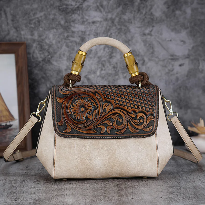 Johnature 2024 Autumn New Vintage Embossed Women Bag Versatile Leather Handbag Large Capacity Handmade Female Shoulder Bags