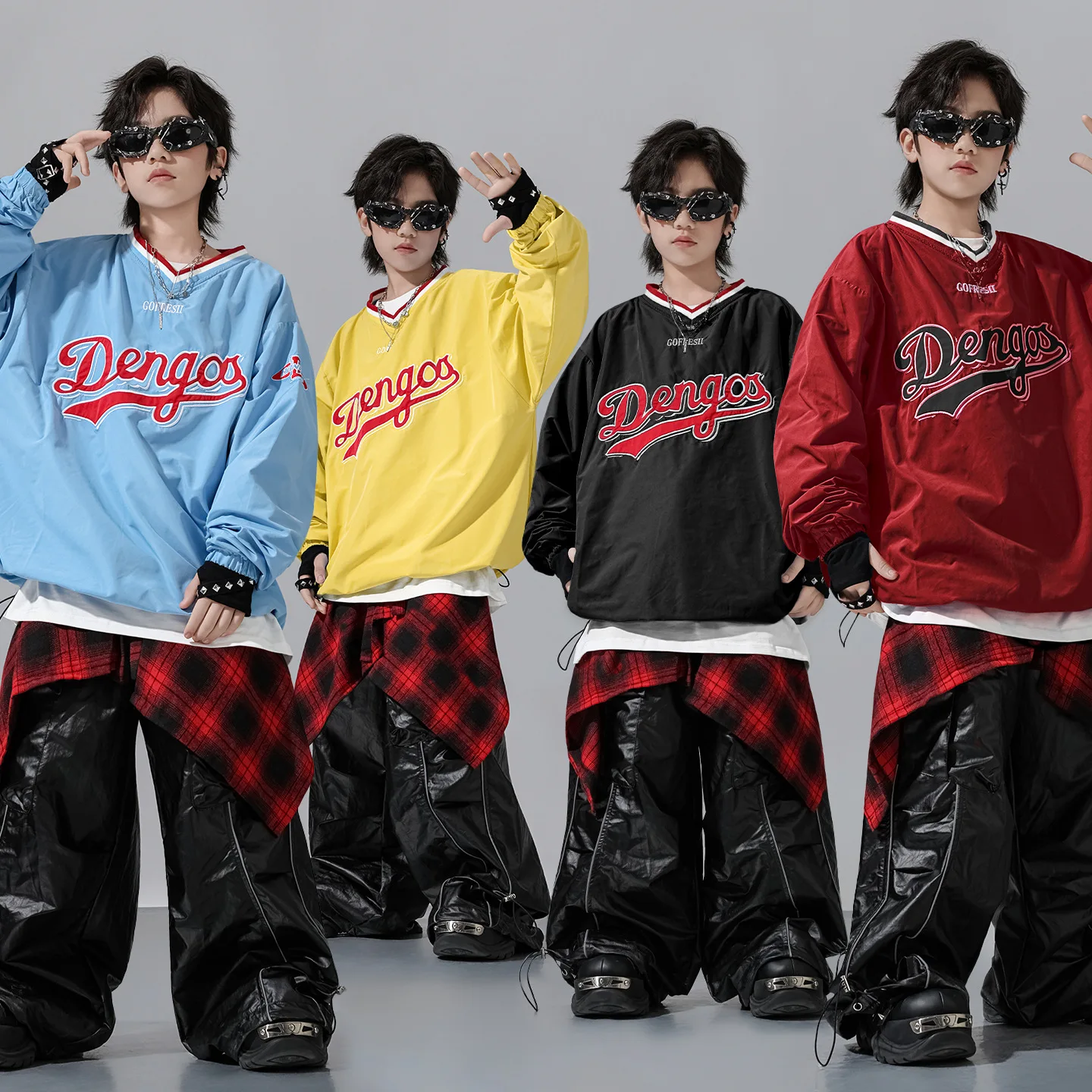 Children Boys Girls Streetwear Hiphop Loose Long Sleeve Baseball T Shirts Leather Pants Skirt Sets Kids Tracksuits Stage Clothes