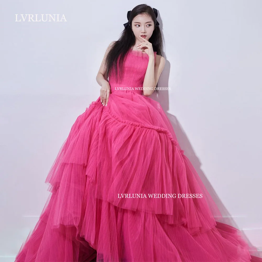 

LVRLUNIA Fairy Tulle Strapless Evening Dress Customized Korea Wedding Photo Shoot Dress Strapless Long Tiered Corset Party Dress